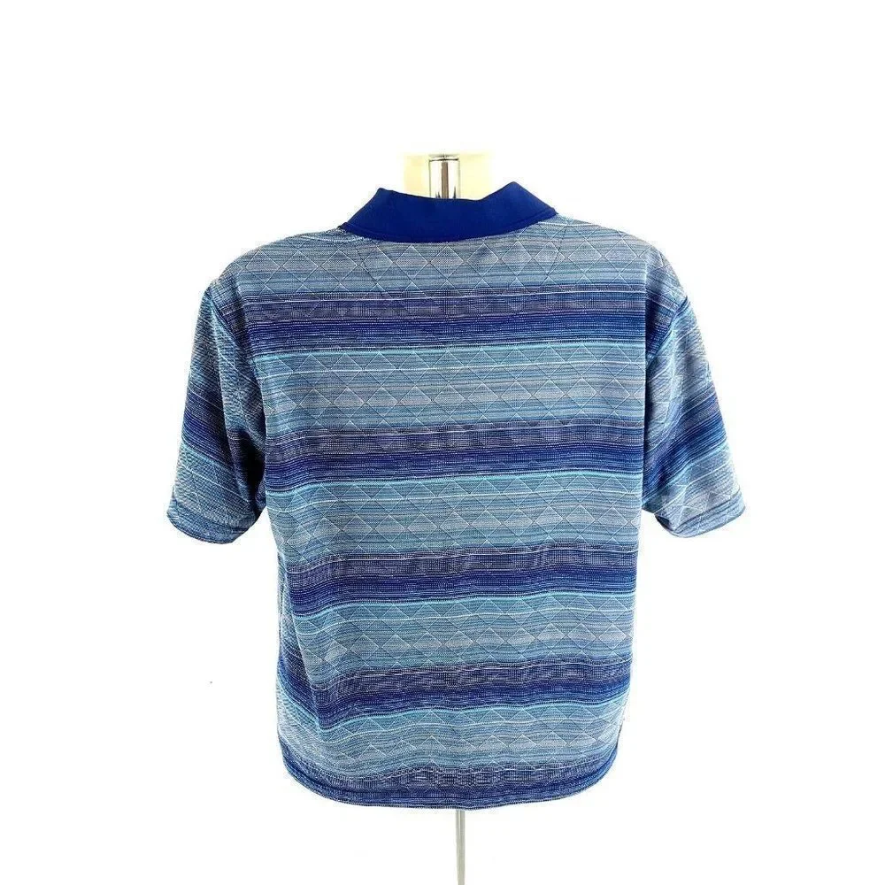 PGA Tour Large Blue Striped‎ Textured Polyester Collared Polo Shirt Short Sleeve